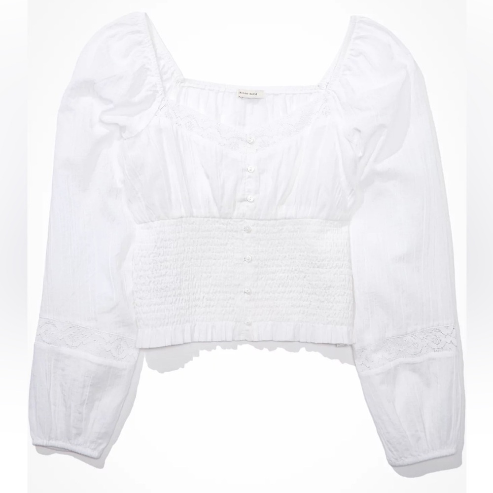 American Eagle Outfitters AE Long-Sleeve Smocked Blouse - White - Picture 3 of 13